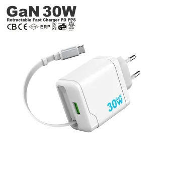30 W einziehbares GaN-Ladegerät mit Kabel, tragbares Dual-Port-Reise-Schnellladegerät |ZX-2U129T